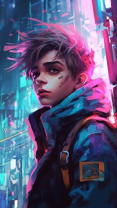 beautiful stunning pretty vintage cyberpunk anime boy, paint art style, clipart, city landscape background, superrealistic, one of a kind