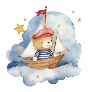 dreamy night sky clouds and a swarm of golden stars. a cute happy plushie sailor bear in a blue and white striped shirt and a sailor hat and a small red bowtie, in a wooden sailboat with a white sail, sailing on fluffy clouds, not sea. prominent visible brush strokes, watercolour texture, watercolor clipart png on white background