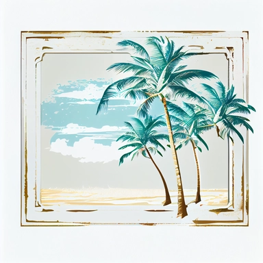 beach palm trees,white border painted clipart poster 50's
