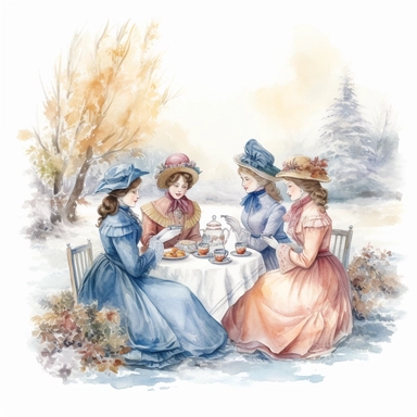 complex watercolor illustration of four victorian women/ladies having a Garden Tea party in a euphoric winter landscape, cottagecore, in KARL MARTENS style isolated,concept,art,8k,hd,watercolor,detailed,on white backround,clipart,--aspect 2:3