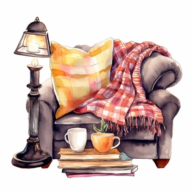 Reading Cozy, couch, cushion, teacup, scarf, blanket, lamp, candle, clipart on a white background, an illustration of by Annabel Kidston, shutterstock contest winner, generative art, detailed painting, digital illustration, intricate in details, photoillustration isolated on white background, digital watercolor , style by Lucy Fleming, watercolor, smooth gradients, black contour outline, ultra detailed, clipart elements, delicate pastel colors, solid white background, super clear, high quality