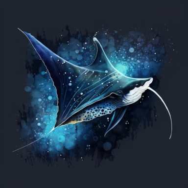 Watercolor clipart on a black background of a magnificent manta ray, gracefully gliding through the deep blue ocean waters