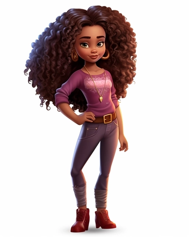 black youngster clipart free, cartoon girl with long hair, in the style of daz3d, light maroon and brown, afro-caribbean influence, curves, digitally enhanced, exquisite clothing detail, high resolution