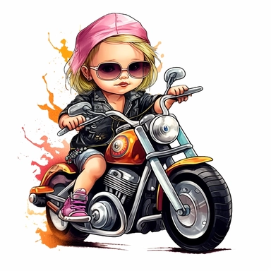 clipart of cute and cool baby girl on a harley davidson multicolor white background