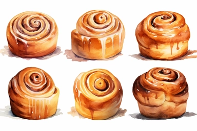 6 watercolor Cinnamon roll clipart, hd, white background, spaced out