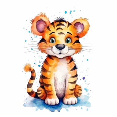 a colorful tigger with kind eyes clipart with watercolor illustration,full body shot,8k,etsy style, white background