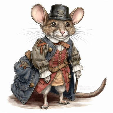 mouse as a civil war veteran, by martha morrison 0 12, in the style of fantasy characters, neo-victorian, beatrix potter, magali villeneuve, playful character design, colorful costumes, Dusty Brown and Sand Beige and Rust Orange and Sage Green and Denim Blue and Crimson Red and Gold and Black and Charcoal Gray and Silver , clipart, white background