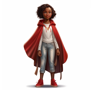 digital illustration of a cute young African girl in a white shirt, jean and a red cloak front view 8k 2d hd in the style of charlie bowaters clipart full body length children's story