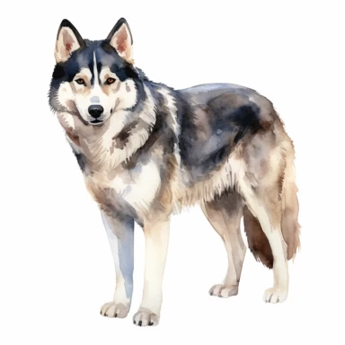 full perspective, watercolor husky dog clipart, on a white background