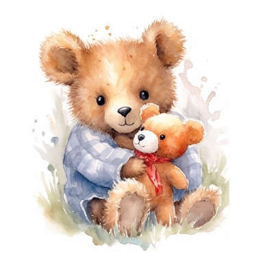a cute teddy bear cuddling a small rabbit, watercolor, clipart