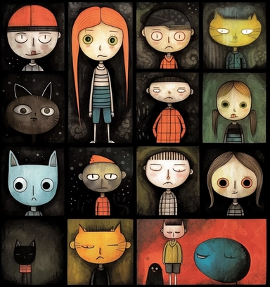 kids clipart clipartpng, in the style of high contrast compositions, black background, bill carman, gabriele münter, multilayered dimensions, visual harmony, multi-panel compositions