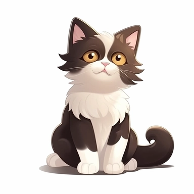 oilpainting, 2d icon of a super cute cartoon smiling brown white and black cat sitting proud clipart full body, 3d rendering, white background, clean