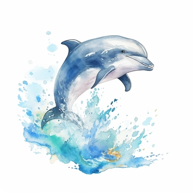 Watercolor hand-drawn dolphin illustration - jumping up from the foamy ocean wave, playful, happy mammal. Character, logo, children wallpaper, doodle, cartoon. Marine clip art. Ocean, sea inhabitant. White Background