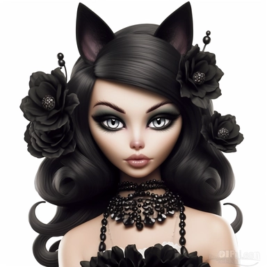 Barbie dressed as a black cat, Halloween, beautiful face, flowers, high quality, clipart, white background