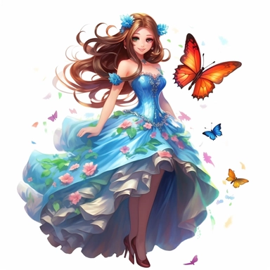 an exceptionally beautiful happy anime girl dressed in evening gown, smiling, long hair, vibrant colors, flowers, butterflies, highly detailed, full body image, pixar style, clipart, white background