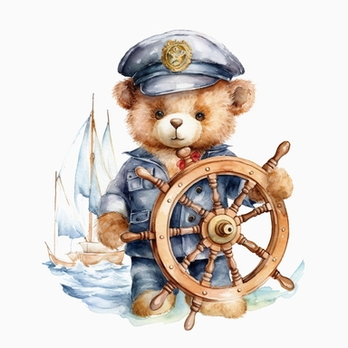 Watercolor captain teddy bear clipart, magic fantasy, hd, white background