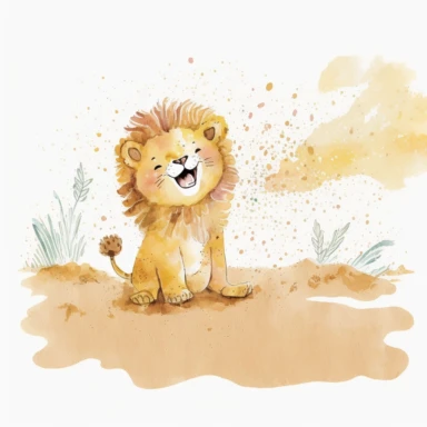 The watercolor clipart illustration shows a baby lion playing in a natural setting. The background is a white space to keep the focus on the cute baby lion. The colors are warm and inviting, with shades of yellow, brown, and white. The baby lion is depicted in a playful and happy way, with its mouth open in a smile and its paws stretched out. This would be a perfect watercolor clipart for kids to enjoy and learn about lions.