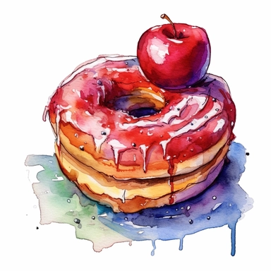 a apple filled Donut in the style of watercolour clipart with detailed brush strokes
