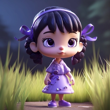 A cute little girl wearing Princess Elsa costume, black hair, tied with two high pigtails, clip the purple bow clip, standing in the sunny grass, to panoramic, character style reference art station, C4D, blind box, 3D, Pixar animation style
