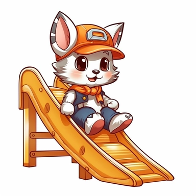 animal dressed as a school kid on a playground slide clip art vector, simple, thick cartoon lines, white background, anime style