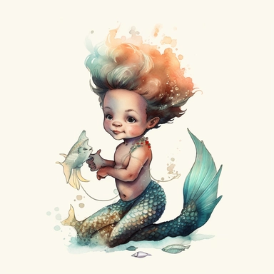 a baby invitation with a happy little African boy mermaid with dark skin tone, wearing a crown made of shells and coral and he has afro black hair and he is playing, use the colours gold and red for his tail: botanical watercolor set illustration of little boy mermaid: multiple poses and expressions, Collection of watercolor children's book illustration [little boy mermaid], each [little boy mermaid] tail is a different [color], each [little boy mermaid] is a different [direction], each [little 
