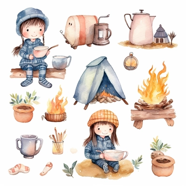Watercolor boho camping illustrations clipart set, simple, soft colors, cartoon elements, different variants, cute little boy and girl sitting on trunk and toasting marshmellows , pots,mugs, bonfire with thick logs, teapot , separate elements with a margin