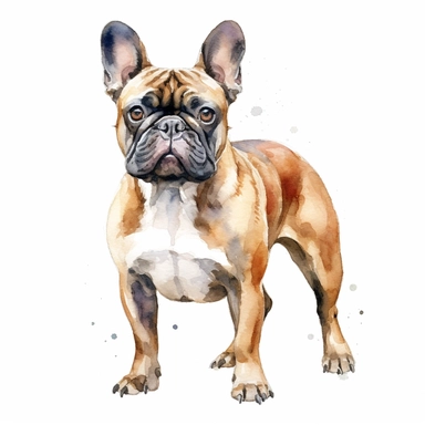 full perspective, watercolor french bulldog dog clipart, on a white background