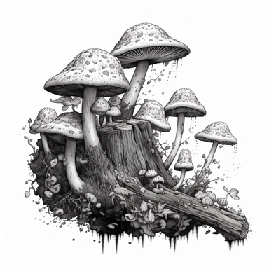 An intricate ink drawing of broken mushrooms on a log, ominous looking, cottagecore, black and white, white background, clipart