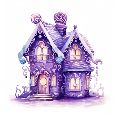 purple watercolor beautiful vintage Christmas gingerbread house candy house with icing fantasy clipart, dark purple color scheme, whimsical, detailed watercolor style, on white background