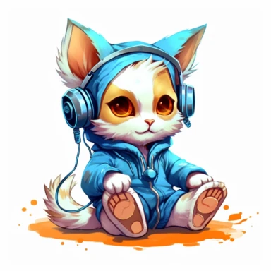 cute kitten listening to music in the style of skottie young, clipart