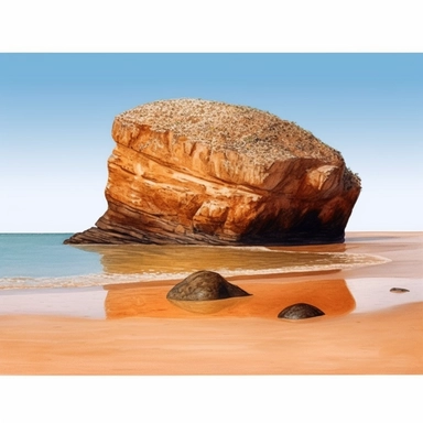 Detailed Watercolor of a beach of orange sand with a large rock covered in water, in the style of suffolk coast views, clipart, sticker art, flat 2d, 8k, high definition, white background