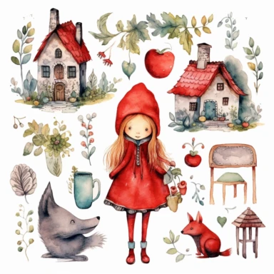 fairytale clipart graphics, little red riding hood, doodle style, watercolor clipart, dreamy, no background, space between each