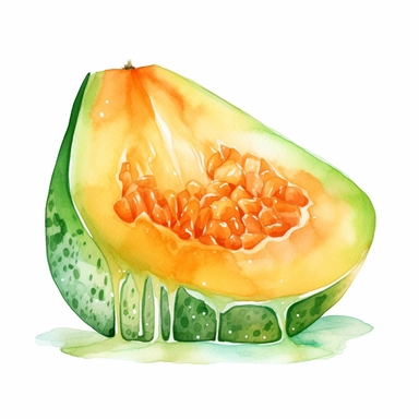 Create a vibrant watercolor clipart illustration of a single slice of fresh cantaloupe, with juicy orange inside and bright green rind ,watercolor, vector, contour, white background.