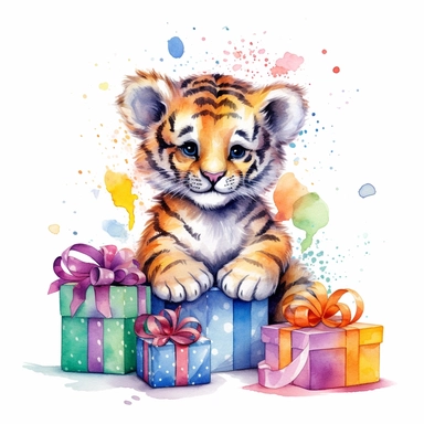 please create watercolor clipart of a baby tiger, smiling, wearing party clothes with birthday presents, vibrant colors, intricate details, isolated on white background, vivid colors, hdr, 8k