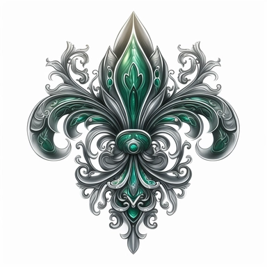 Clipart, gorgeous fleur de lis, green and grey colours, luminous, glowy, intricate, illustration, detailed, 8k, png, isolated on white background