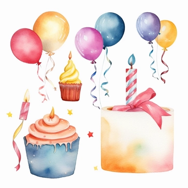 birthday watercolor clipart, cupcakes, candles, balloons, confetti, birthday hat, vibrant, white background, high quality, high definition, 8k