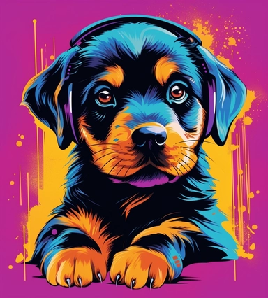 little rottweiler puppy with head tilted portrait clipart,looking at the audience,pop art illustration,Hotline Miami