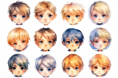 a lot of ,,,boy face ,,,watercolor clipart on white background