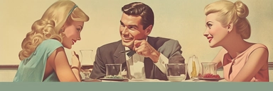 Atercolour clipart of one handsome gentleman with two women on a date, having a nice conversation and flirting, the women are attracted to the man, the women are biting their lips, the man has no glasses, vintage effect, ultra high quality, soft and muted colours, 4k