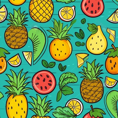tropical, cartoon, fruits, pineapple, lemon, melon, clipart, cute