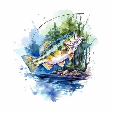 Gone Bass on the rod Fishing Sublimation Clipart, Watercolor Illustration clipart, 4K, extremely detailed
