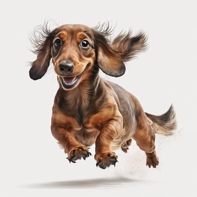 brown dachshund on a white background, running pose, funny, tongue out, clipart, photorealism