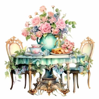 Make a clipart of a fairytale watercolor french country kitchen table, rococo, with bright pastel colors of turquoise and green, pink roses, gold accents, black outlines, hd, white background
