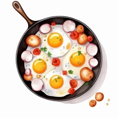 isolated illustration on a white background, a hyper realistic flatlay of a black frying pan with baked eggs, Clipart, watercolor realistic and highly detailed, natural realistic warm colors