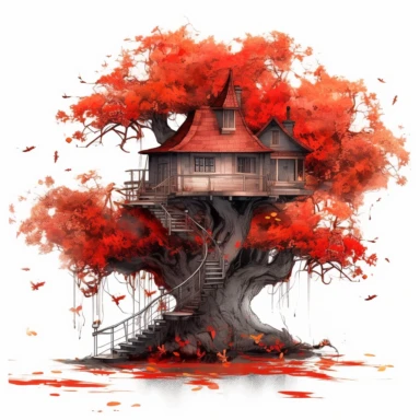 fantasy tree house in tree with red leaves, clipart, white background