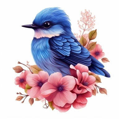hyper realistic,Cute Beautiful Fairy dark blueBird dark blue Flower Sublimation Clipart, Cartoon, hyper realistic, intricate detail, illustration style, high solution, on white background