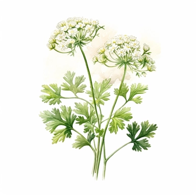 A design depicting a flowering parsley plant, with tiny, delicate blossoms clipart, white background, watercolor sophisticated drawing