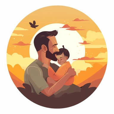 Create a heartfelt Father's Day clipart showcasing a dad hugging his child. The scene should depict a warm, loving moment where they are both smiling, symbolizing their strong bond. The dad can be kneeling or sitting to be at the child's height. Try to incorporate soft, soothing colors to emphasize the loving nature of the scene. Additionally, include a decorative banner at the bottom of the clipart with the phrase 'Dad's Hug, Best Hug'. Please ensure the illustration is clear and high-resolutio