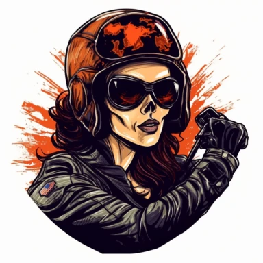 side view of a skull headed and skull faced female motorcyclist on a harley looking very tough and hardened white background clipart c 100