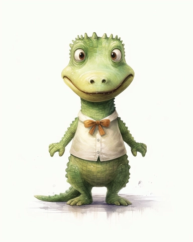 a realistic baby crocodile clipart with watercolor illustration, full body shot ,8k, style of Bohemian, style of Anna Süßbauer and Jon Klassen,vector, Vector, white background,Solid Background, Sharpness and clarity, masterpiece, trending on Artstation and Dribbble.